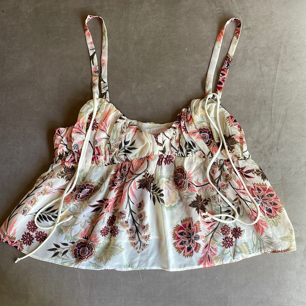 Cream Colored Olivaceous Printed Top Size L